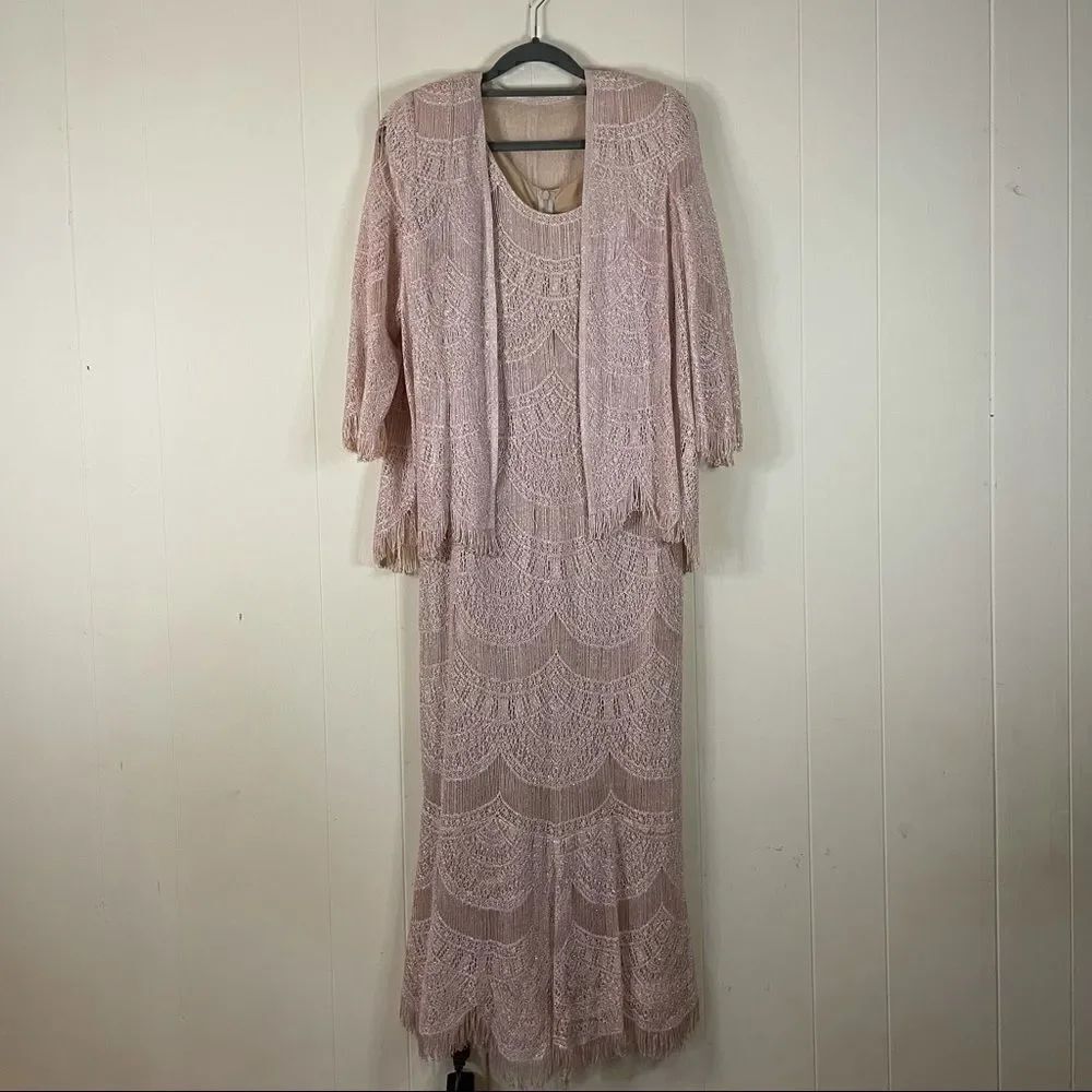 Vintage 70’s Damianou Crochet Scalloped Fringe Maxi Dress and Jacket Size S